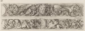 To pyntebånd med hoved af en løve og en kvinde, sandsynligvis 1648. af Stefano della Bella