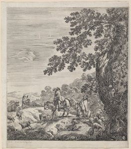 To ryttere passerer i nærheden af en flok dyr af Stefano della Bella