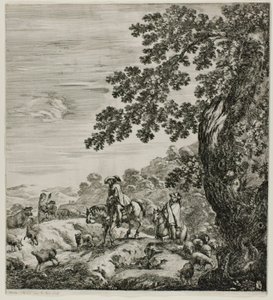 To ryttere passerer en flok, tallerken fem fra De seks store udsigter over Rom og Campagna af Stefano della Bella