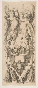 To bevingede børn med kroppe, der bliver til ornament, blæsende bobler, ca. 1653. af Stefano della Bella