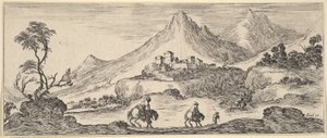 To ryttere går ned af en bakke i midten, efter en anden mand til fods, et slot i ..., ca. 1641. af Stefano della Bella