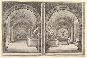 To udsigter til en grotte, begge udsigter med et springvand med en siddende statue, set fra ..., ca. 1653. af Stefano della Bella