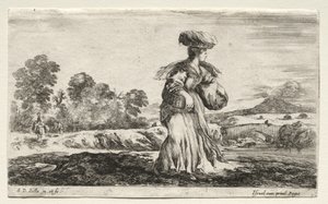 Forskellige figurer og landskaber: Bondekvinde, der bærer en kurv på hovedet, 1649. af Stefano della Bella