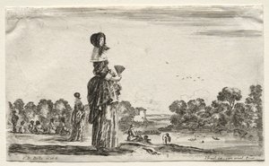 Forskellige figurer og landskaber: Kvinder ser på badende langs en flod, 1649.