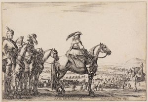 Forskellige figurer (Varie figure): Hæren på march i sletten. På højderyggen i forgrunden ses kommandanten og hans ledsagere, til højre en trompetist af Stefano della Bella