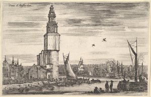 Udsigt over Amsterdam Vue dAmsterdam, et tårn og huse til venstre, mænd stående på molen ..., 1647. af Stefano della Bella