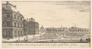 Udsigt over Luxembourg fra havesiden af Palais dOrleans, fra Forskellige udsigter over..., 1649-51. af Stefano della Bella