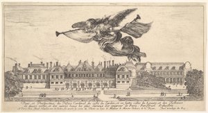 Udsigt over Palais Cardinal, berømmelsesfiguren øverst i midten, der flyver mod venstre a..., 1649-51. af Stefano della Bella