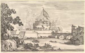 Udsigt over Tiber-floden, et stort træ til venstre, to grupper af kvinder til venstre i forgrunden..., ca. 1656. af Stefano della Bella