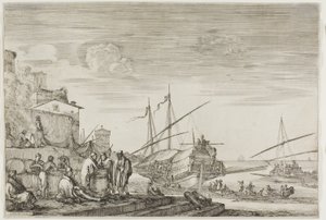 Udsigt over havnen i Livorno: Huse med udsigt over en havn af Stefano della Bella