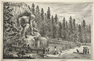 Udsigt over Villa Pratolino: Kolossal statue af Appenninerne. af Stefano della Bella
