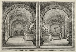Udsigt over villaen Pratolino: To udsigter over grotten. af Stefano della Bella