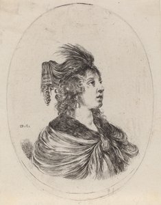 Kvinde i fjerbeklædt turban, drejet til højre, 16491650. af Stefano della Bella