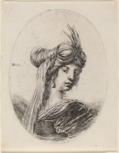 Kvinde i fjerbeklædt turban med slør, drejet til højre, 16491650. af Stefano della Bella