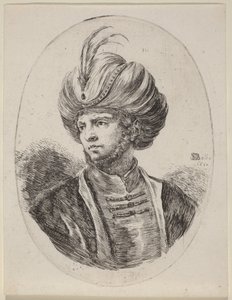 Ung maurer med et let skæg og fjerprydet turban, vendt mod venstre af Stefano della Bella