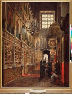 En gudstjeneste i Bebudelseskatedralen i Kreml i Moskva - Maleri af Stepan Mikhailovich Shukhvostov (1821-1908), olie på lærred af Stepan Mikhailovich Shukhvostov