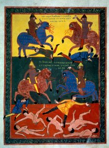 De fire riddere af apokalypsen. Engelen lyder den sjette trompet: udseendet af heste med et løvehoved, der spytter ild, ryttere monteret med slagskibe. En tredjedel af mændene omkommer. Miniature i “” Beatus de Liebana, kommentar til Apocalyp af Stephanus Garcia