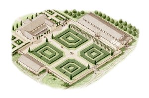 Brading Roman Villa, Isle of Wight (tegnet 2012), ca. 350-400 (blæk og akvarel) af Stephen Conlin