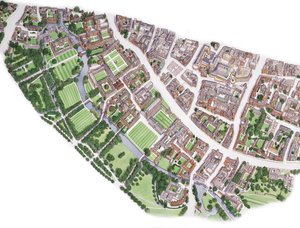 Cambridge Aerial View (tegnet 1996), ca. 1990-2005 (blæk og akvarel) af Stephen Conlin
