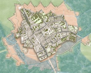 Moderne Oxford over borgerkrigens forsvarsværker, ca. 1644-1646 (blæk, akvarel, digital redigering) af Stephen Conlin