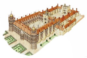 Nonsuch Palace, Surrey, ca. 1540-1600 (blæk og akvarel) af Stephen Conlin