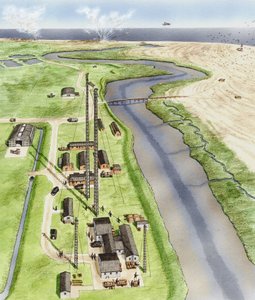 Orford Ness, Suffolk, ca. 1935-1945 (blæk, airbrush, akvarel) af Stephen Conlin
