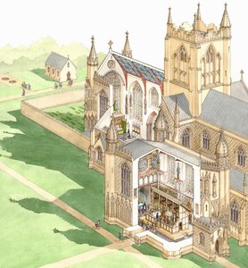 Walsingham Priory, Norfolk, ca. 1500-1535 (blæk og akvarel på papir)