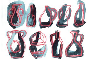 Nine Vessels, 2016 (oliepastel og tekstilfarve på papir) af Stephen Dow