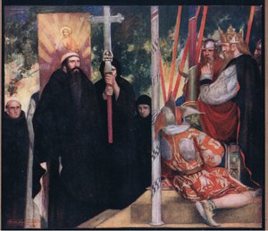 Receptionen af Saint Augustine af Ethelbert (farve litho) af Stephen Reid