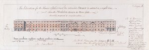 Design for husene på begge sider af den planlagte gade, der skal strække sig i en ret linje fra Mansion-House til More-Gate, ydmygt foreslået til overvejelse, 1762 (wc over pen & grafit på bundet papir) af Stephen Riou