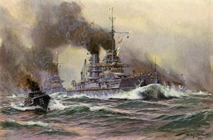 Tyske flådeskibe i linjen ud for Kiel (farve litho)