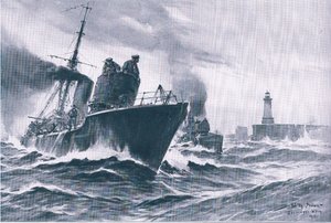 Patruljebåde og minestrygere, der sejler ud af havnen i Zeebrugge, fra pubben The Illustrated History of the World War 1914-1915. af Union Berlagsefellfchaft