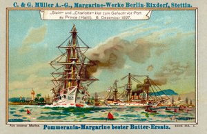 Tyske krigsskibe Stein og Charlotte i Port au Prince Harbour, Haiti, under Luders-affæren, 6. december 1897 (chromolitho)