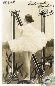 N : Cleopatre Diane de Merode, kaldet Cleo de Merode , danser fra la Belle Epoque, uddannet ved Opera de Paris - Theatre des Folies Bergere , Paris - Alfabet på postkort