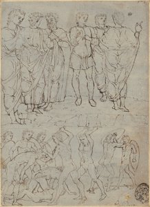 Seks samtalende mænd og ti kæmpende nøgenbilleder af Studio of Francesco Squarcione