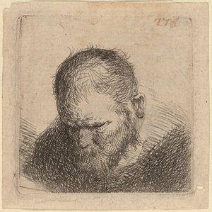 Skægget mand kigger ned af Studio of Rembrandt van Rijn