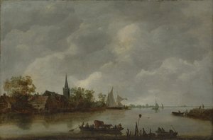 Flodudsigt med en landsbykirke. af Style of Jan van Goyen