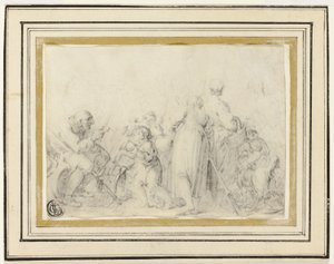 Genrescene med gammel mand, bondekvinder og børn af Style of Jean Baptiste Greuze