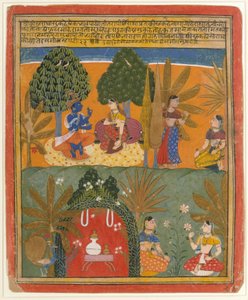 Krishna og Radha med deres fortrolige: Side fra en spredt Gita Govinda, ca. 1655-60. af Style of Manohar