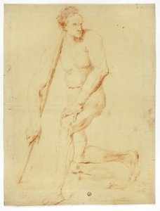 Akademisk mandlig nøgen, der læner sig op ad en stav af Style of Pompeo Girolamo Batoni