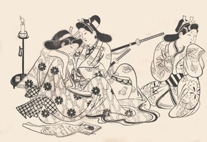 Samurai og kurtisane sidder, en tjener ved siden af dem, ca. 1685., ca. 1685.