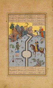 Farhad skærer en mælkekanal til Shirin, Folio 74 fra en Khamsa-kvintet..., A.H. 931A.D. 1524-25. Skabere: Sultan Muhammad Nur, Mahmud Muzahhib, Shaikh Zada. af Sultan Muhammad Nur, Mahmud Muzahhib, Shaikh Zada