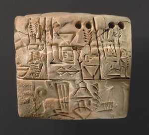 Kileskrifttablet, der viser beretninger om bygfordeling, ca. 3000 f.Kr. (ler)