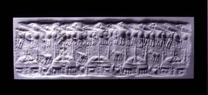 Håndteret cylindertætningsaftryk, Uruk (nu Warka, Irak), ca. 3300-3000 f.Kr. (gips)