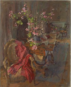 Rød frakke med geranium af Susan Ryder