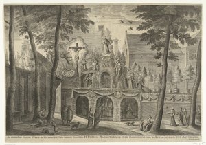 Stellage opført i Antwerpen i anledning af kanoniseringen af ​​Peter af Alcantara i 1669 Afbildning af stenklippen til ære for Sankt Peter Alcantara i kanoniseringen af ​​den X. Sept. MDCLXIX til Antwerpen (titel på objekt) af Susanna Verbruggen (possibly)