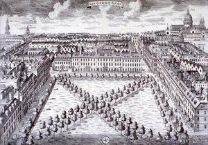 Fugleperspektiv af Charterhouse Square, Finsbury, London, c1750 af Sutton Nicholls
