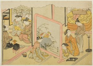 A Cup of Sake before Bed (Toko sakazuki), det sjette ark i serien "Marriage in Brocade Prints, the Carriage of the Virtuous Woman (Konrei nishiki misao-guruma)" af Suzuki Harunobu