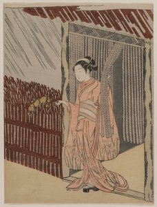 En pige klæder sig i lyserødt, 1766. af Suzuki Harunobu