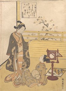 En teenagedreng og pige med en seer til et optisk billede Nozoki-karakuri, Kobo Da..., ca. 1788. af Suzuki Harunobu